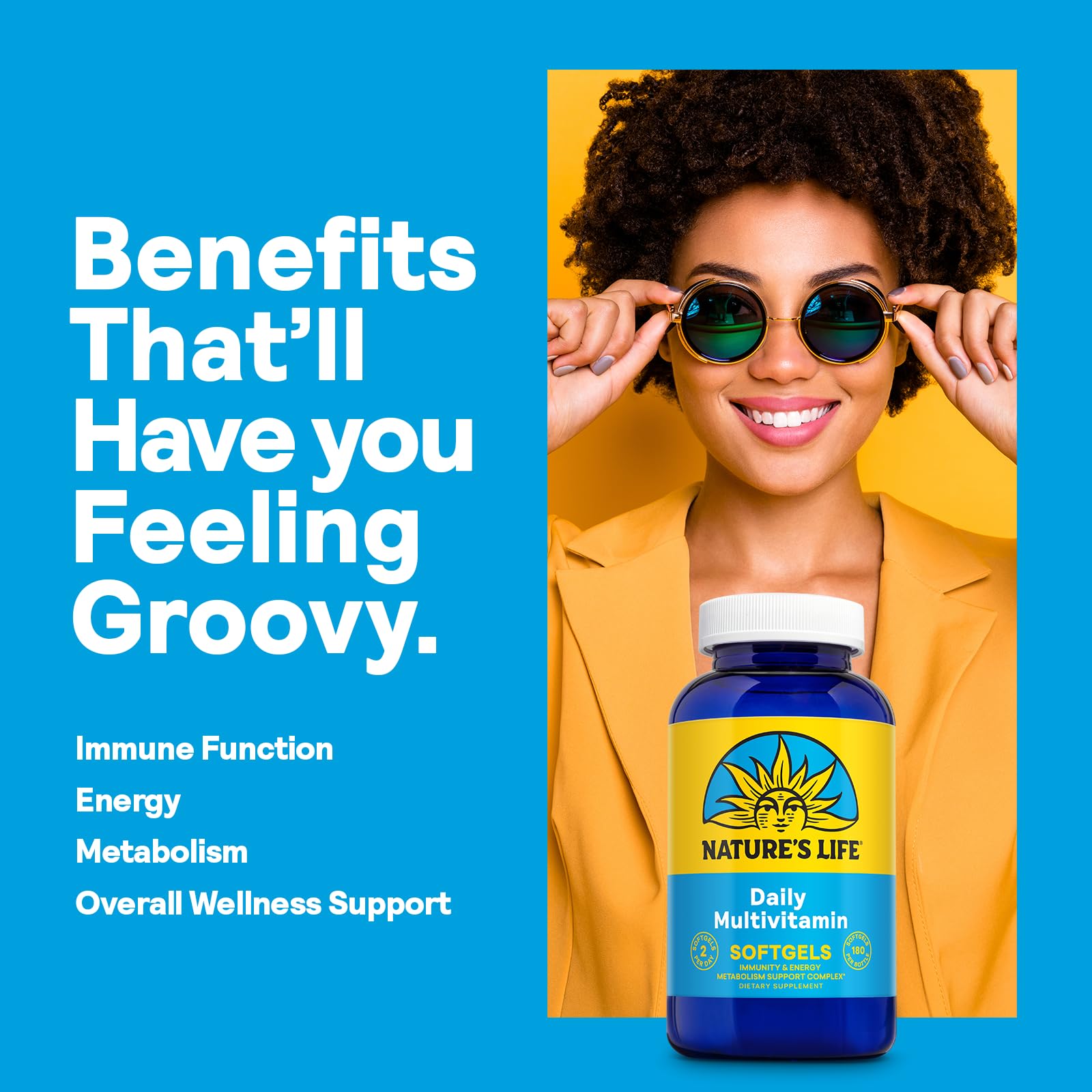 Nature's Life softgel multivitamin softgels close-up highlighting smooth coating for easy swallowing