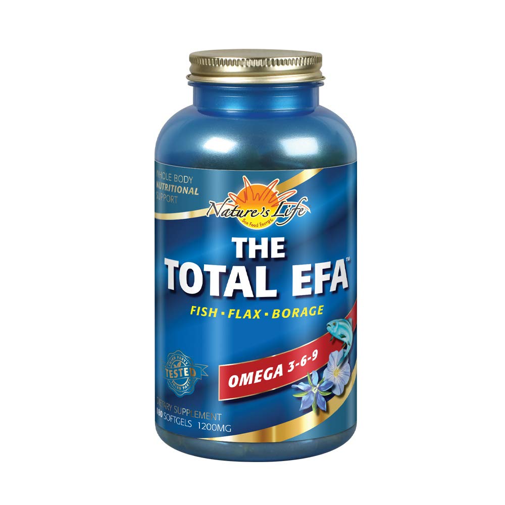 Nature's Life Total EFA Fish Oil bottle shows omega blend for joints and skin.