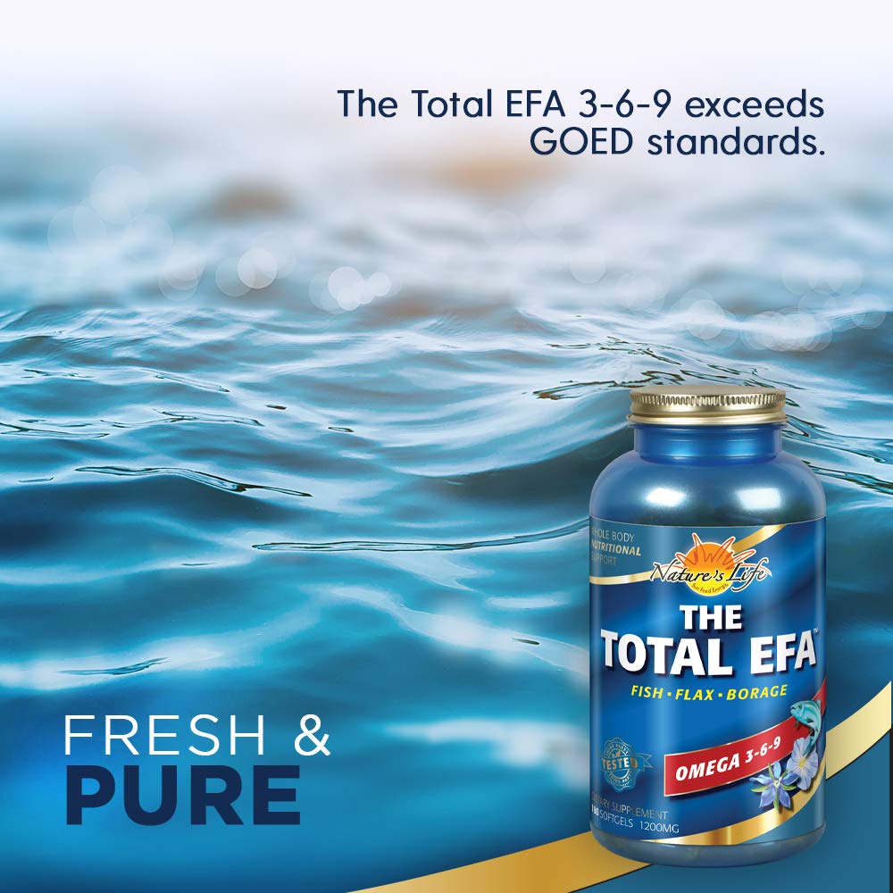 Nature's Life Total EFA serving size graphic shows daily intake in three softgels.