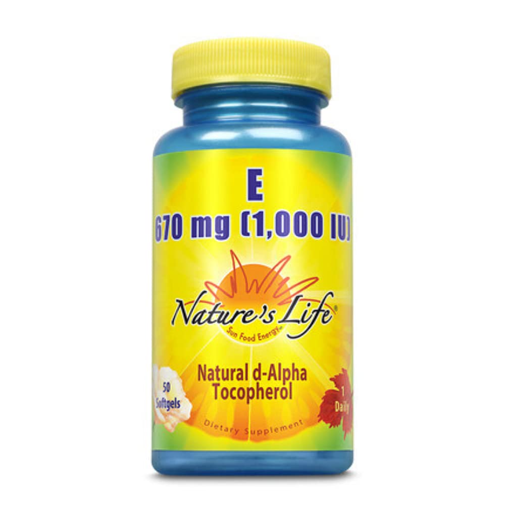 Nature's Life Vitamin E 1000 IU bottle supports antioxidant protection and daily vitality.