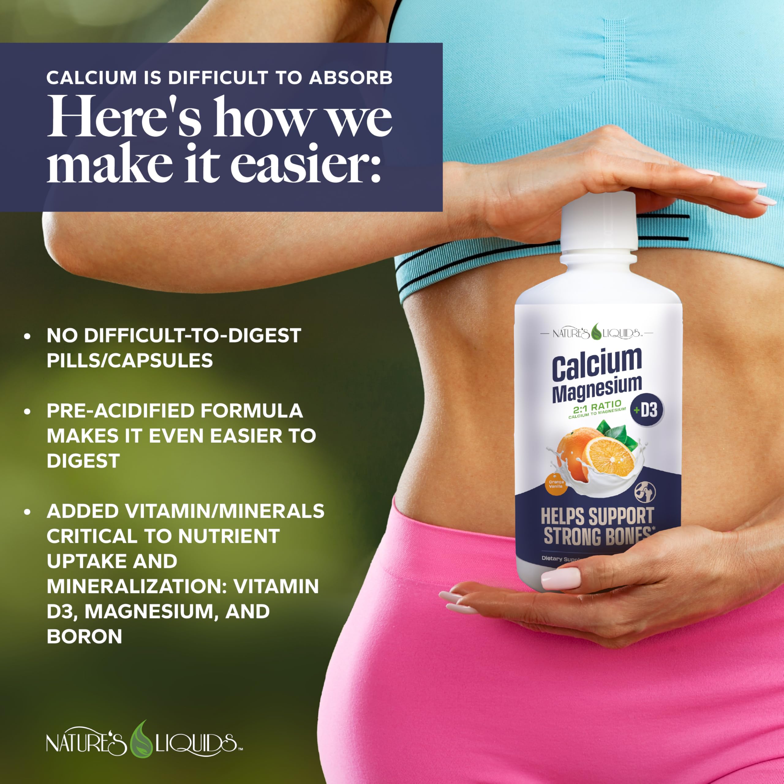 Nature's Liquids label highlights a 2:1 calcium-to-magnesium ratio and D3.