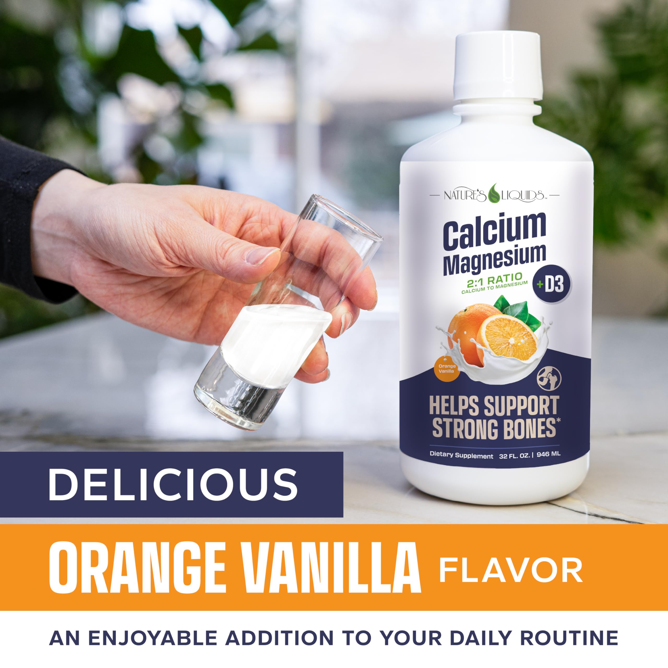 Nature's Liquids orange-vanilla liquid being poured for convenient daily mineral support.