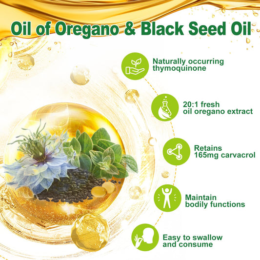 Nature's live 2-in-1 oregano and black seed softgels demonstrating combined benefits for wellness