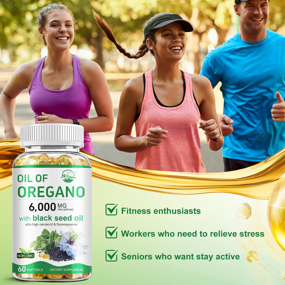 Nature's live digestive-friendly oregano oil with black seed image suggesting digestive comfort
