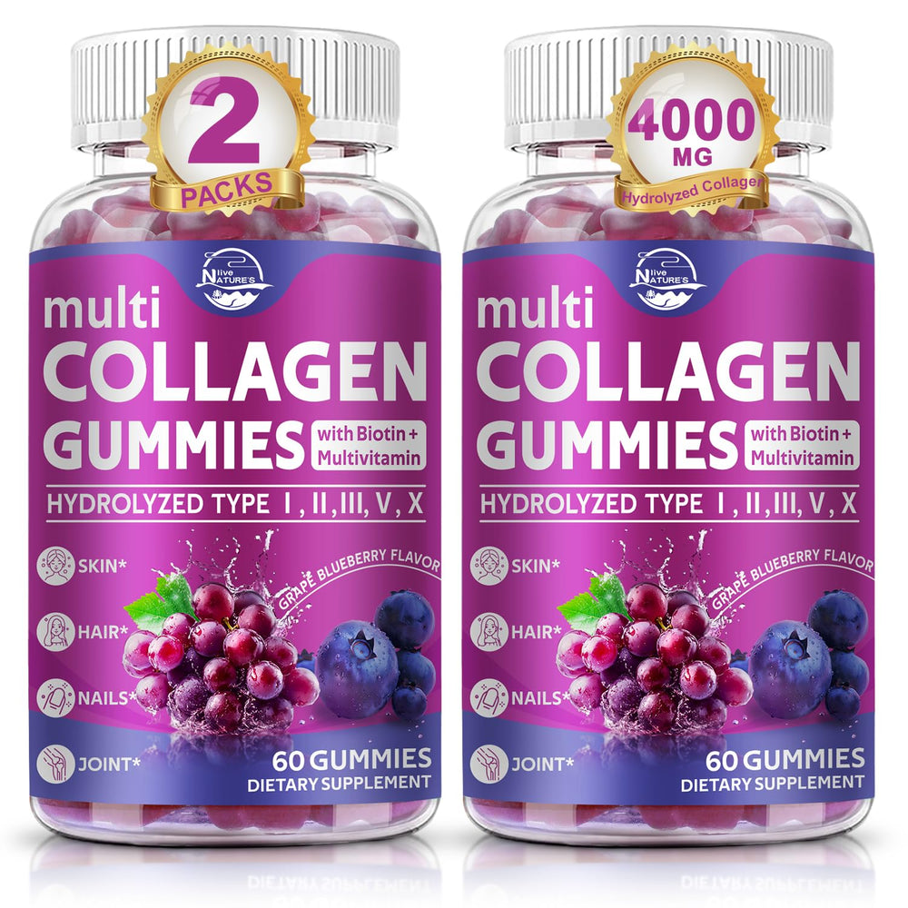 Nature's live Multi Collagen Gummies bottle close-up highlighting five collagen types for skin, hair and nails