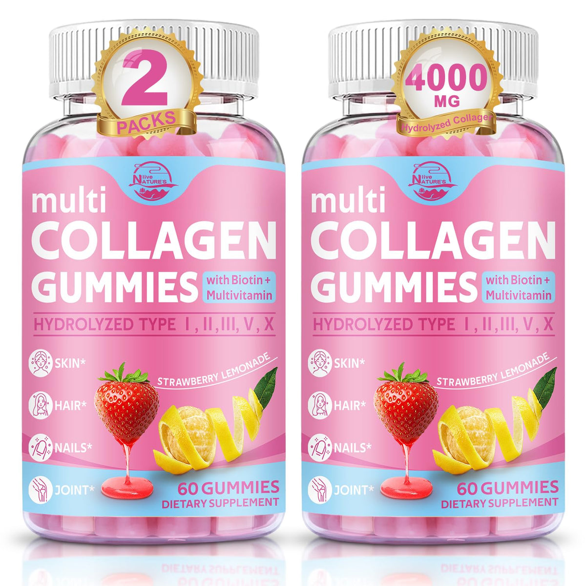 Nature's live Multi Collagen Gummies bottle front promotes skin, hair and nails support