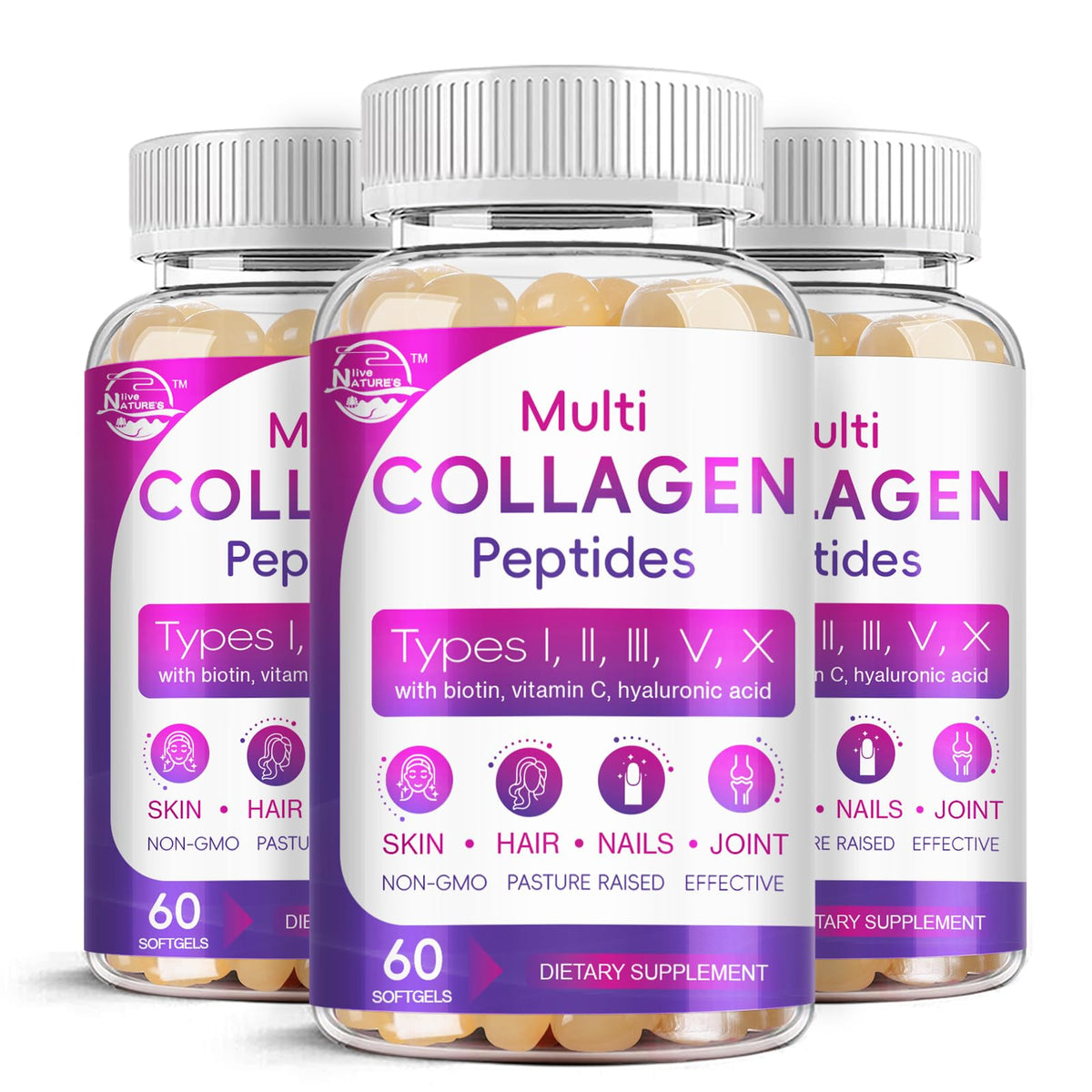 Nature's live multi collagen softgel bottle showing skin, hair and nails support.