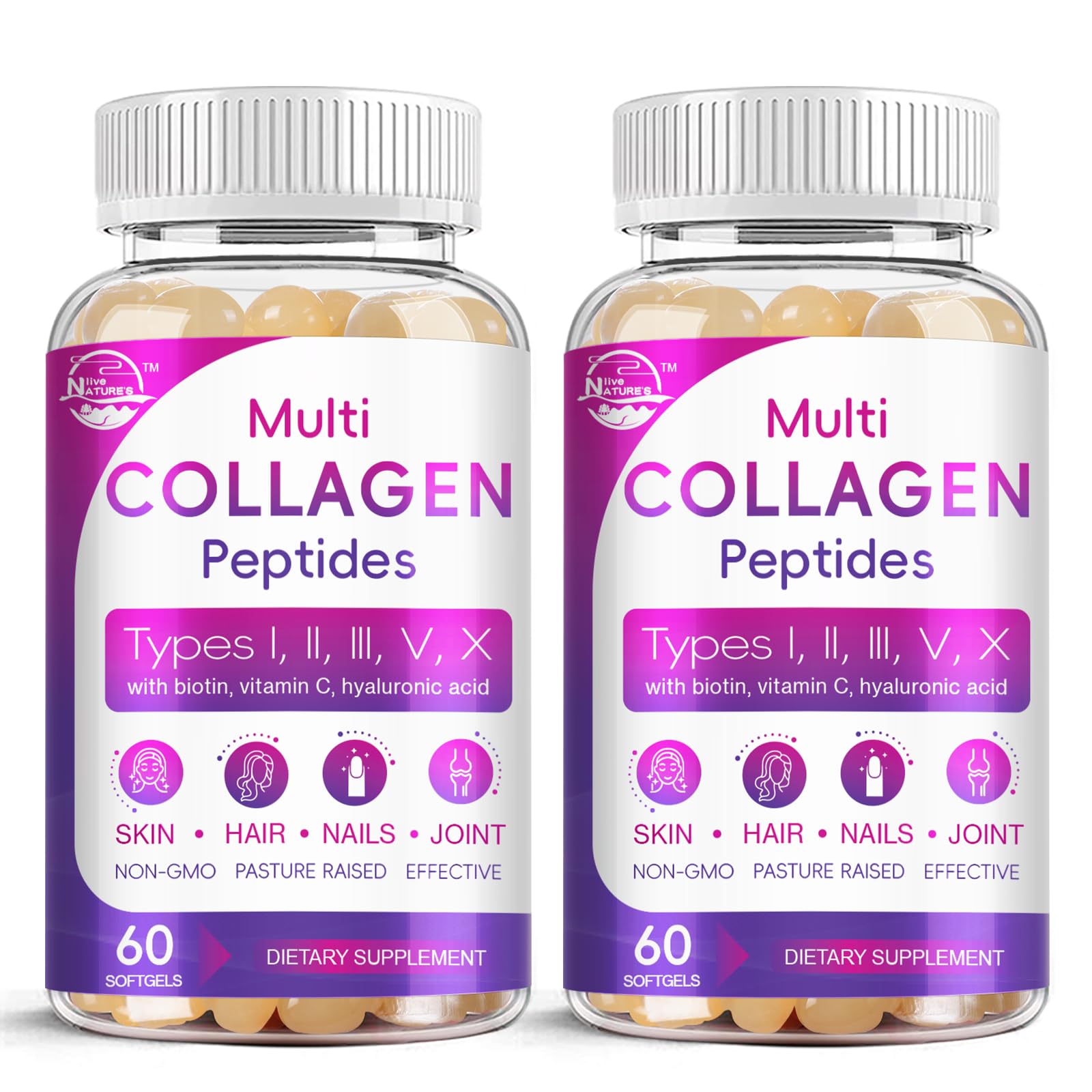 Nature's Live multi collagen softgel bottle showing a complete skin, hair and nail support formula.