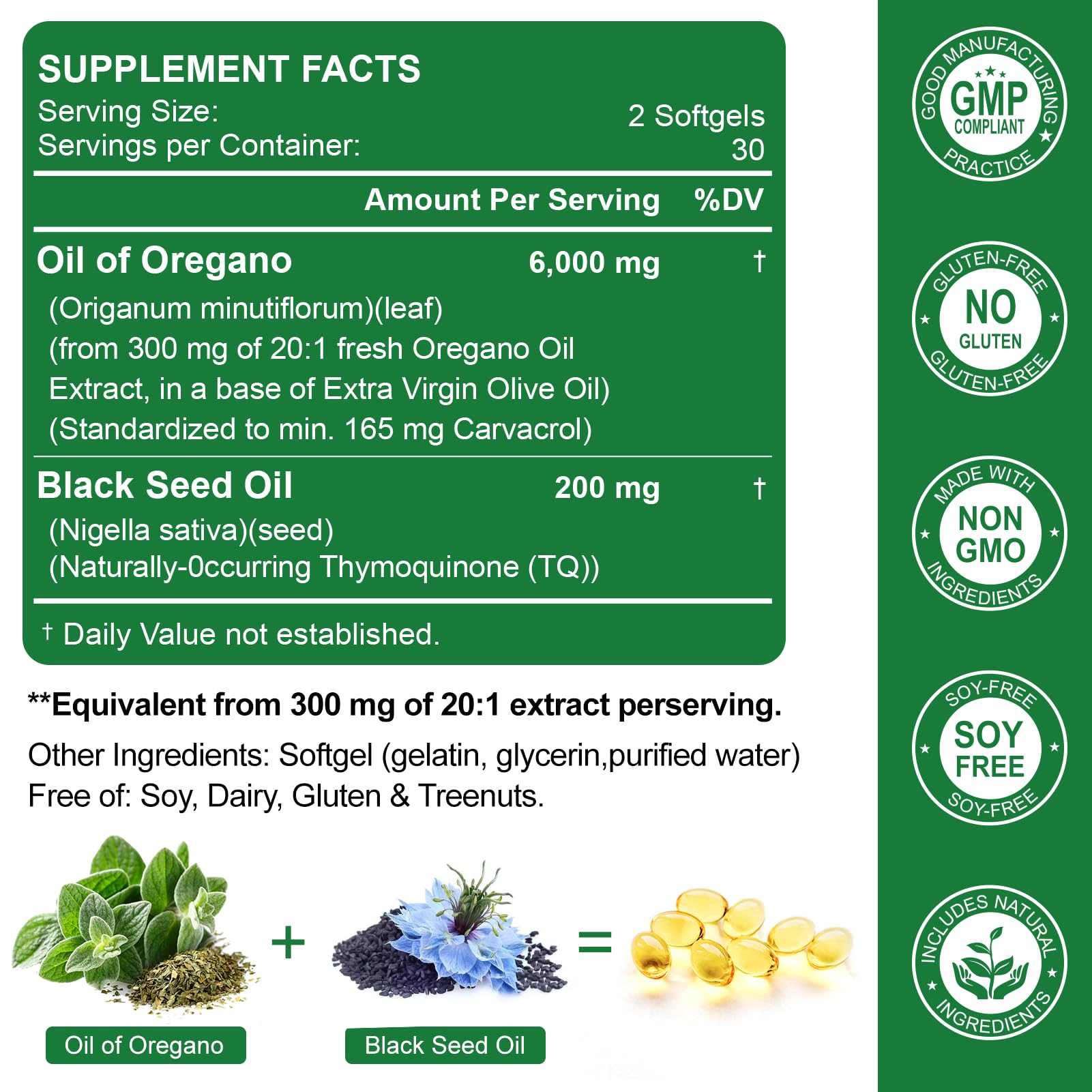 Nature's live Oil of Oregano with Black Seed Softgels bottle back label highlights non GMO and gluten free