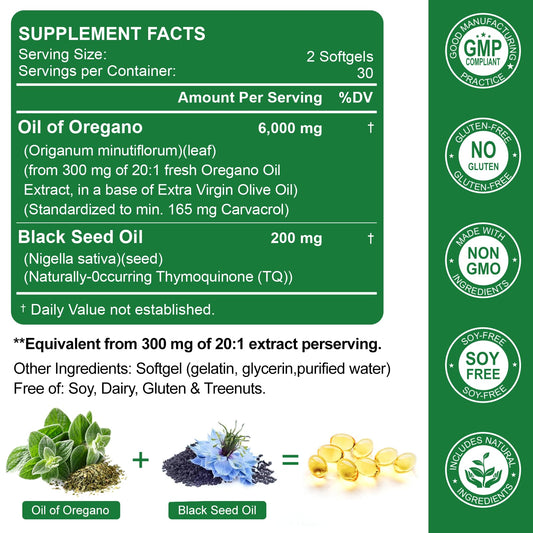 Nature's live Oil of Oregano with Black Seed Softgels bottle back label highlights non GMO and gluten free