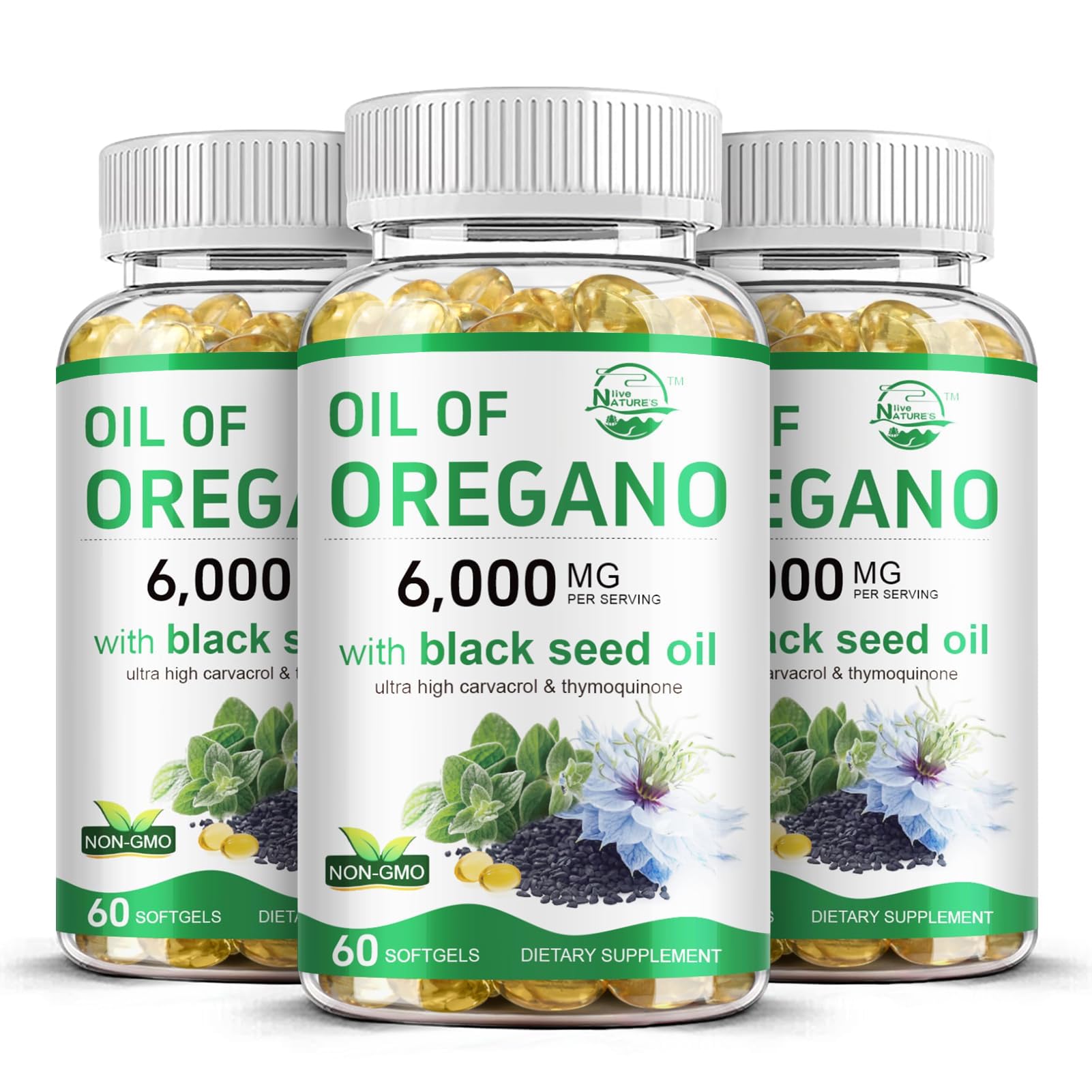 Nature's live Oil of Oregano with Black Seed Softgels bottle front view for daily immune support