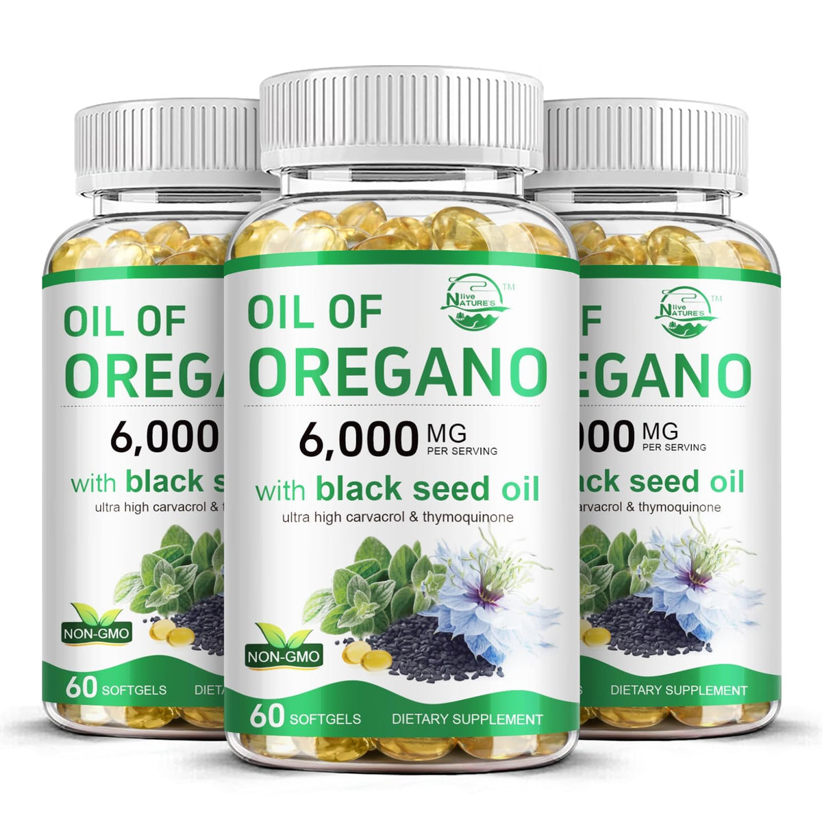 Nature's live Oil of Oregano with Black Seed Softgels bottle front view for daily immune support