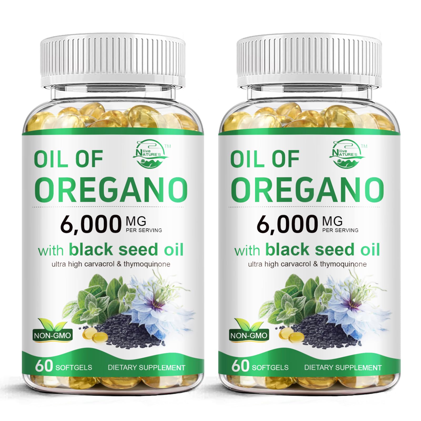 Nature's live Oil of Oregano softgel bottle with oregano and black seed blend for daily immune support
