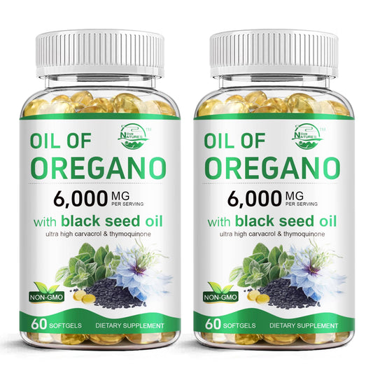 Nature's live Oil of Oregano softgel bottle with oregano and black seed blend for daily immune support
