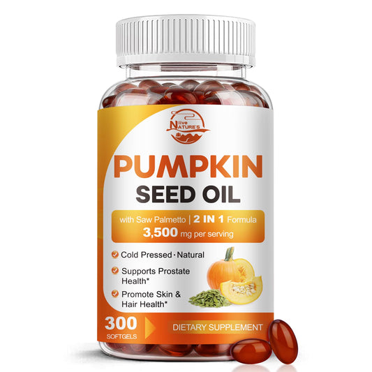 Nature's Live pumpkin seed oil softgels bottle showing premium cold-pressed formula for daily vitality.
