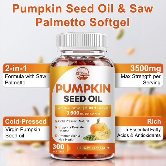 Nature's Live pumpkin seed oil softgels being held—easy-to-swallow daily supplement.