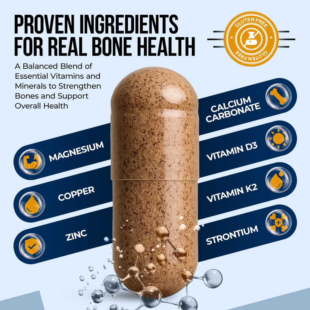 Nature's Nectar bottle label highlights calcium, D, K2 and mineral blend for strong bones.