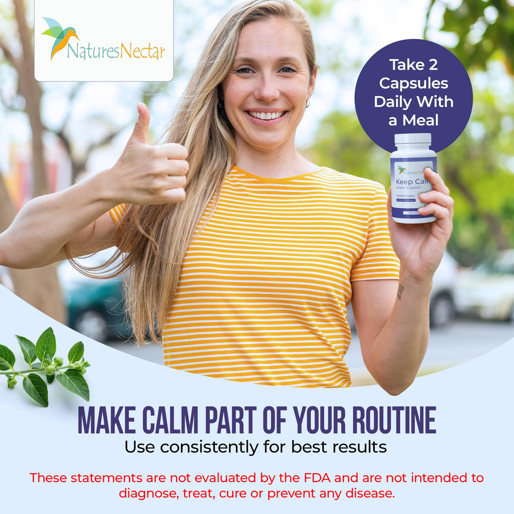 Nature's Nectar Keep Calm 5-HTP visual conveys mood balance aid.