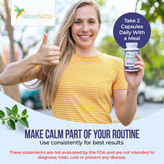 Nature's Nectar Keep Calm 5-HTP visual conveys mood balance aid.