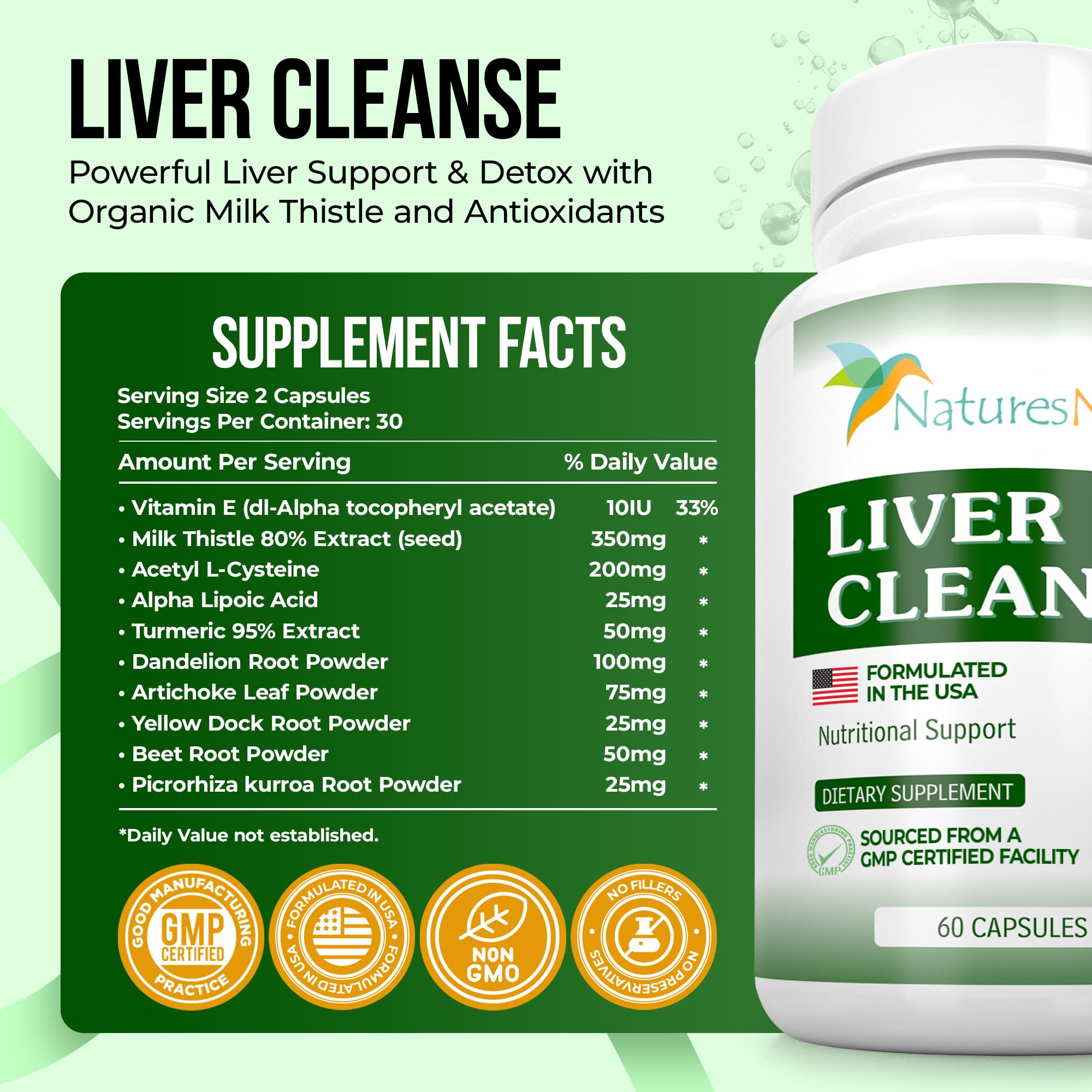 Nature's Nectar Liver Cleanse capsules in blister pack, easy to take daily.