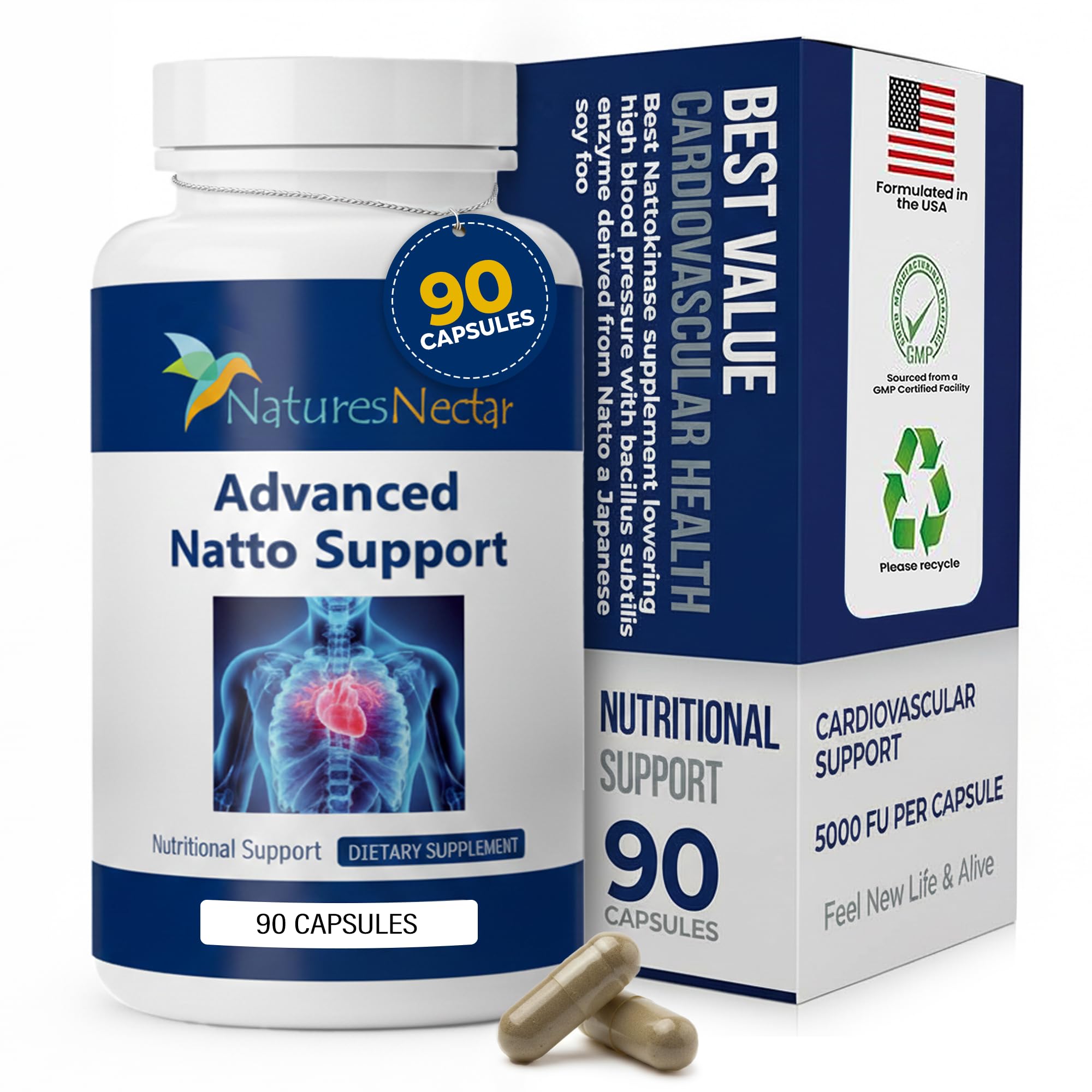 Nature's Nectar nattokinase 250mg bottle promotes daily cardiovascular support