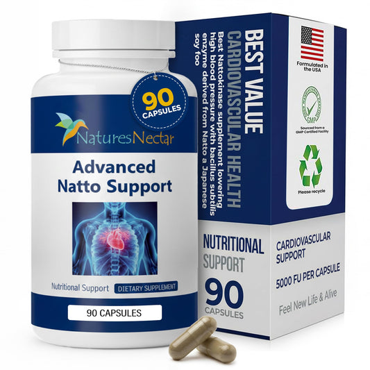 Nature's Nectar nattokinase 250mg bottle promotes daily cardiovascular support