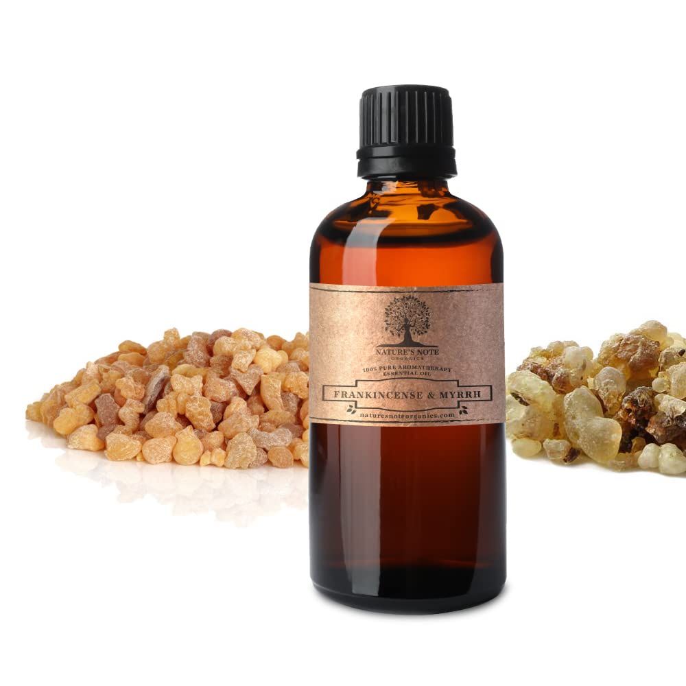Nature's Note frankincense and myrrh bottle for diffuser use and grounding ambience.