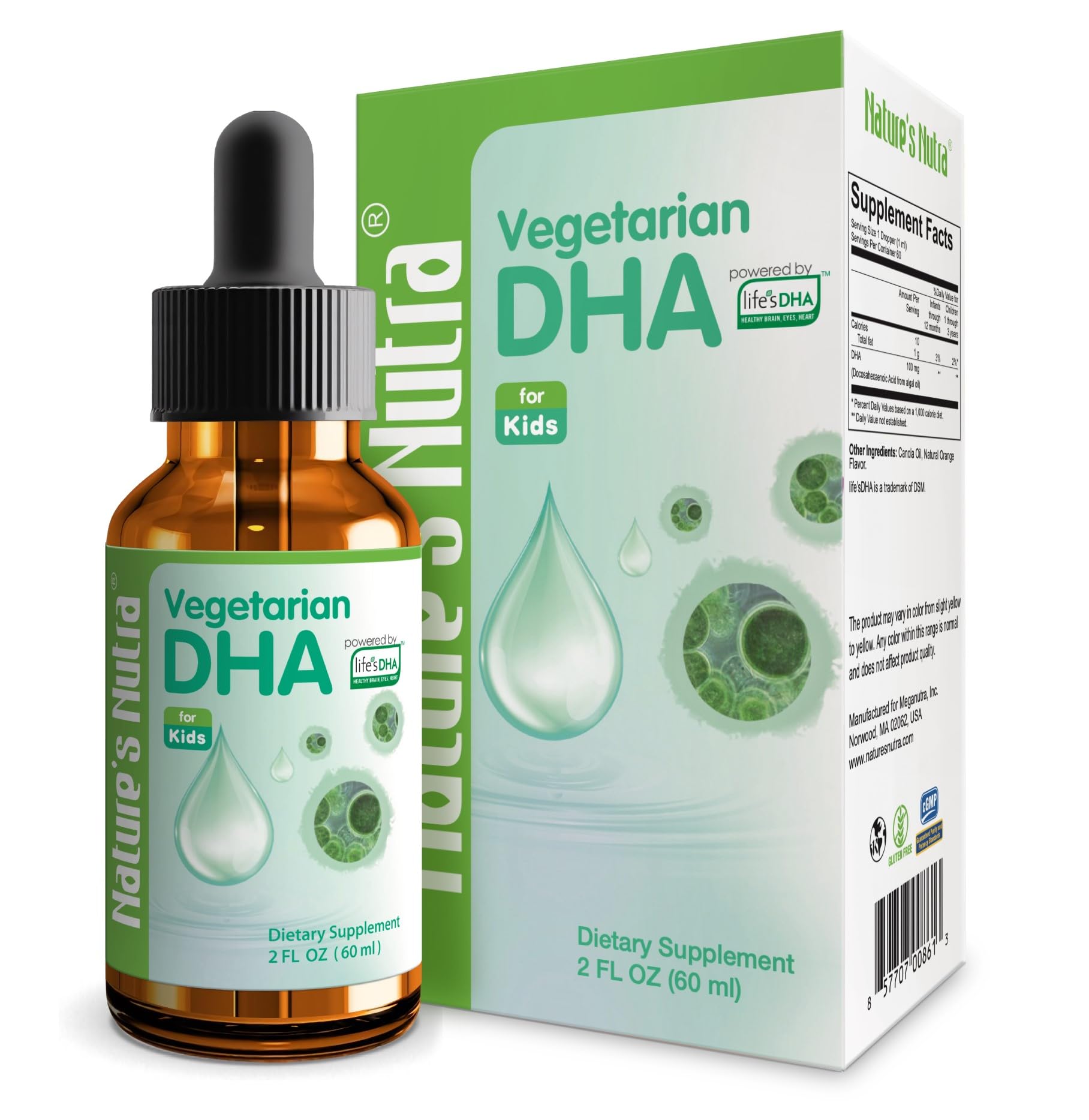 Nature's Nutra Vegetarian DHA bottle for babies with smooth citrus taste for easy dosing.