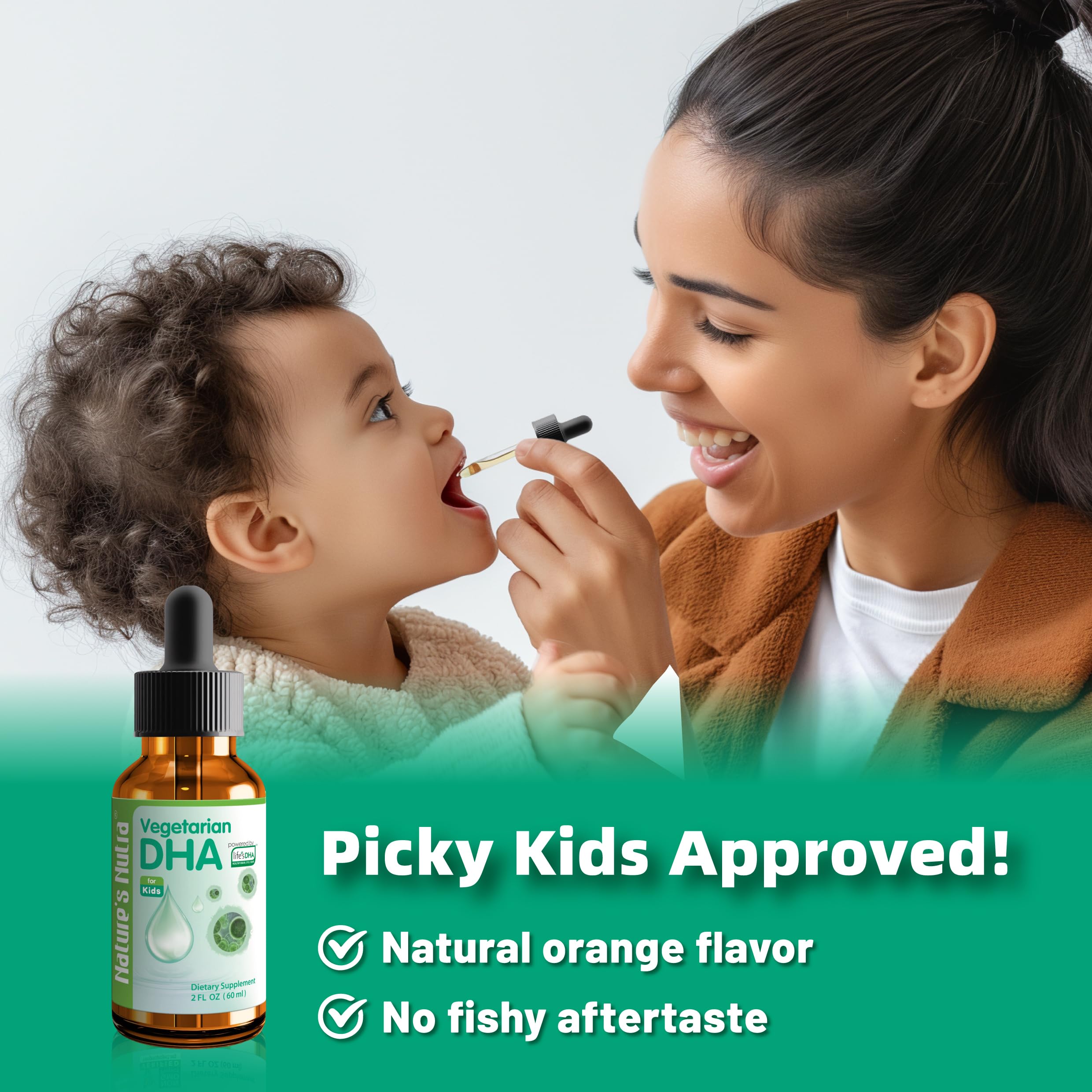 Nature's Nutra plant-based DHA drops provide high absorption for busy families.