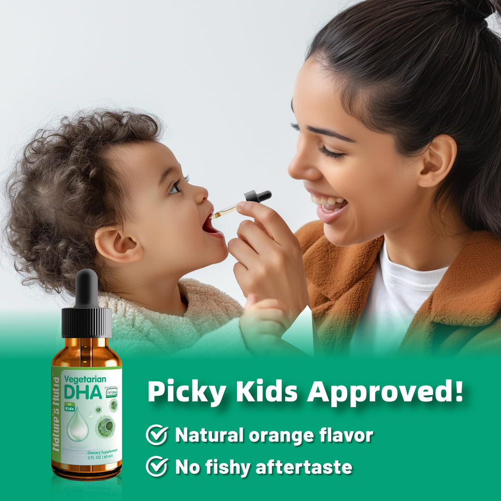 Nature's Nutra plant-based DHA drops provide high absorption for busy families.