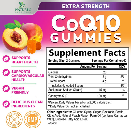 Nature's Nutrition CoQ10 Gummies peach flavor for daily wellness.