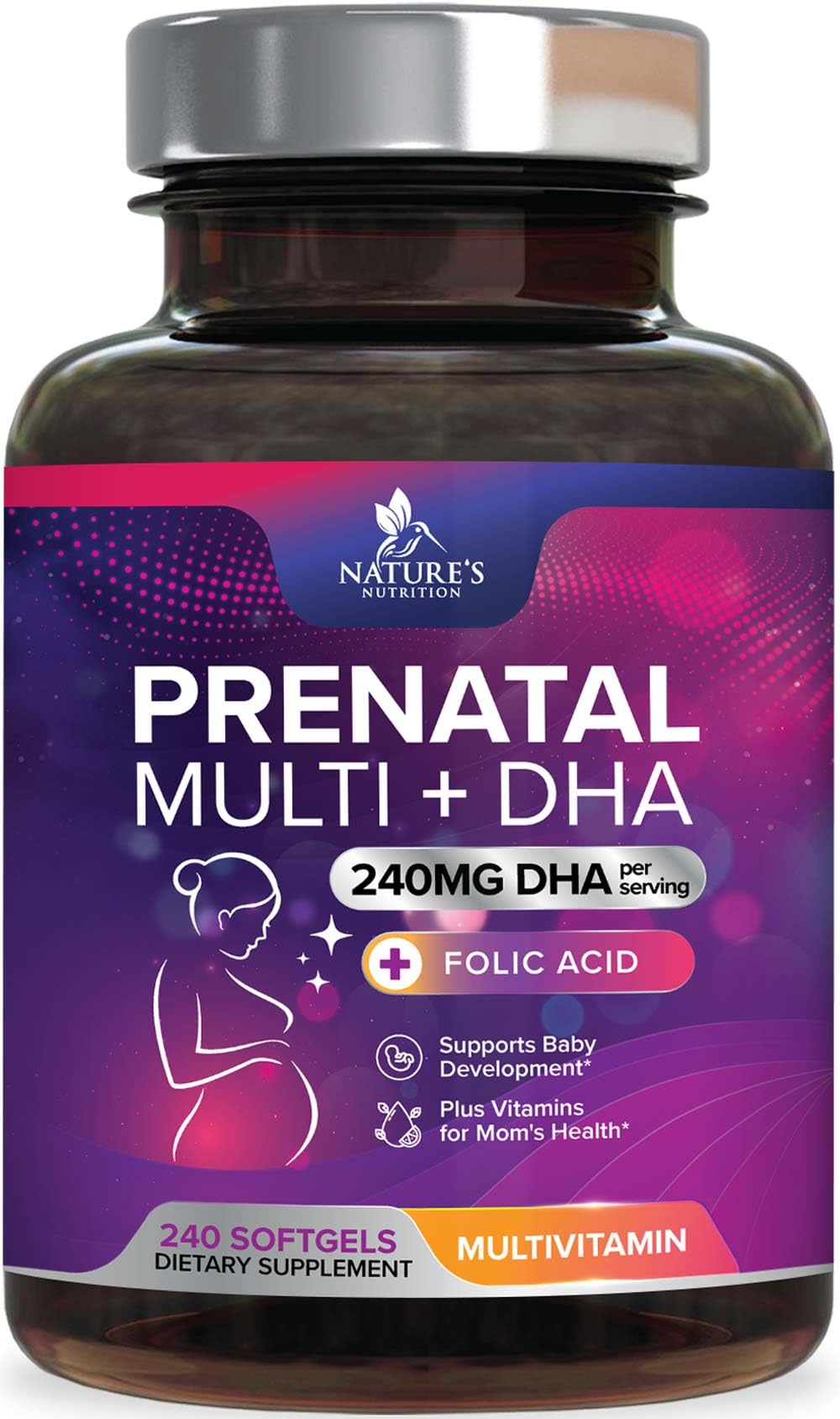 Nature's Nutrition prenatal vitamins bottle closeup for daily prenatal nutrition