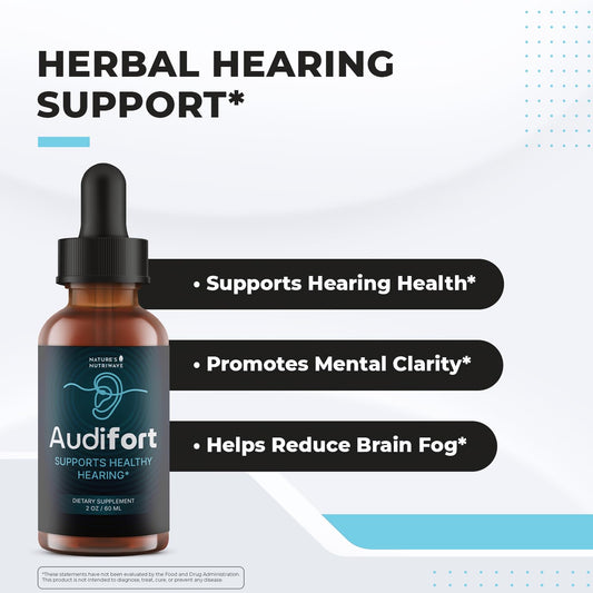 Audifort Drops herbal liquid bottle highlighting grape seed and ginseng ingredients