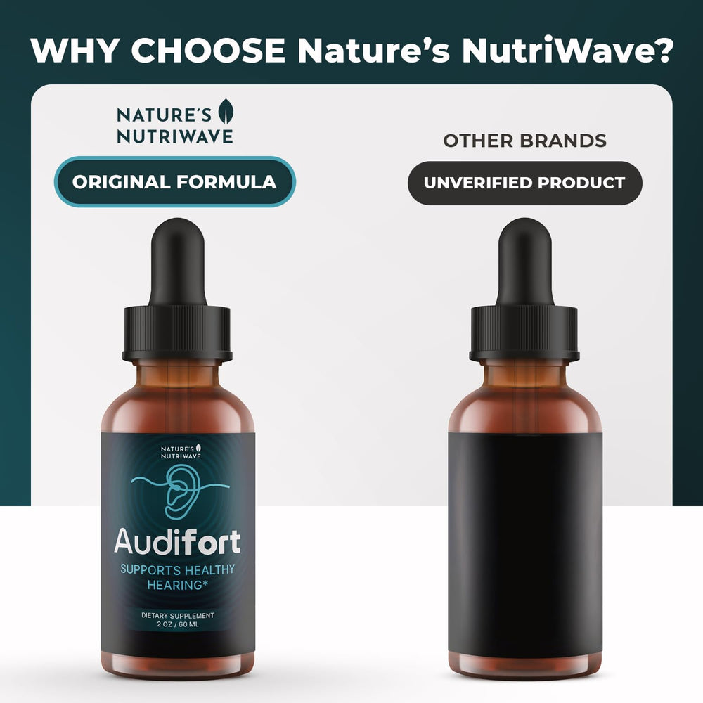 USA-made Audifort Drops packaging shown beside the bottle