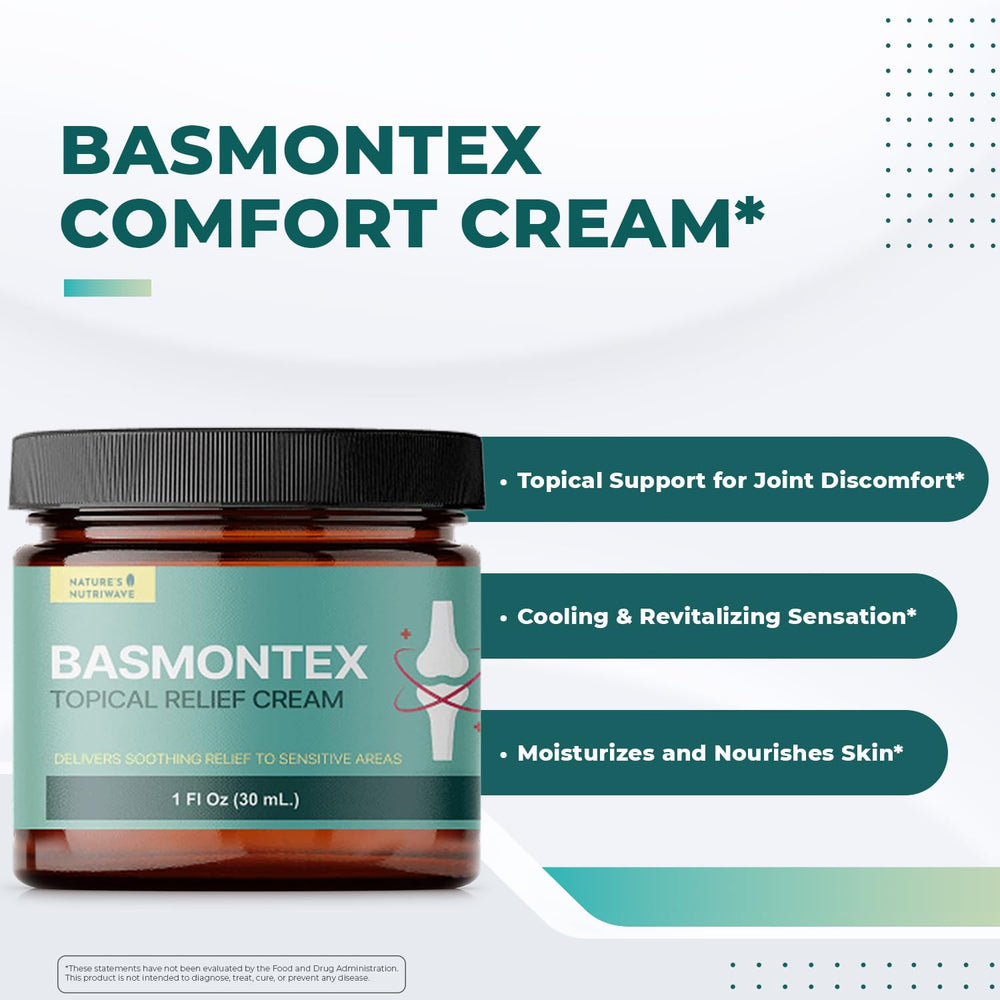 Basmontex Comfort Cream applied to knee showing cooling relief and moisturized skin.