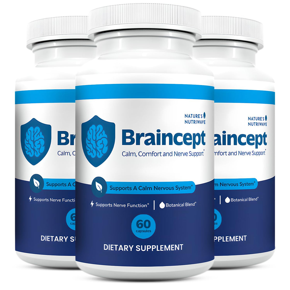 Nature’s NutriWave Braincept bottle with capsules for daily calm and balance.