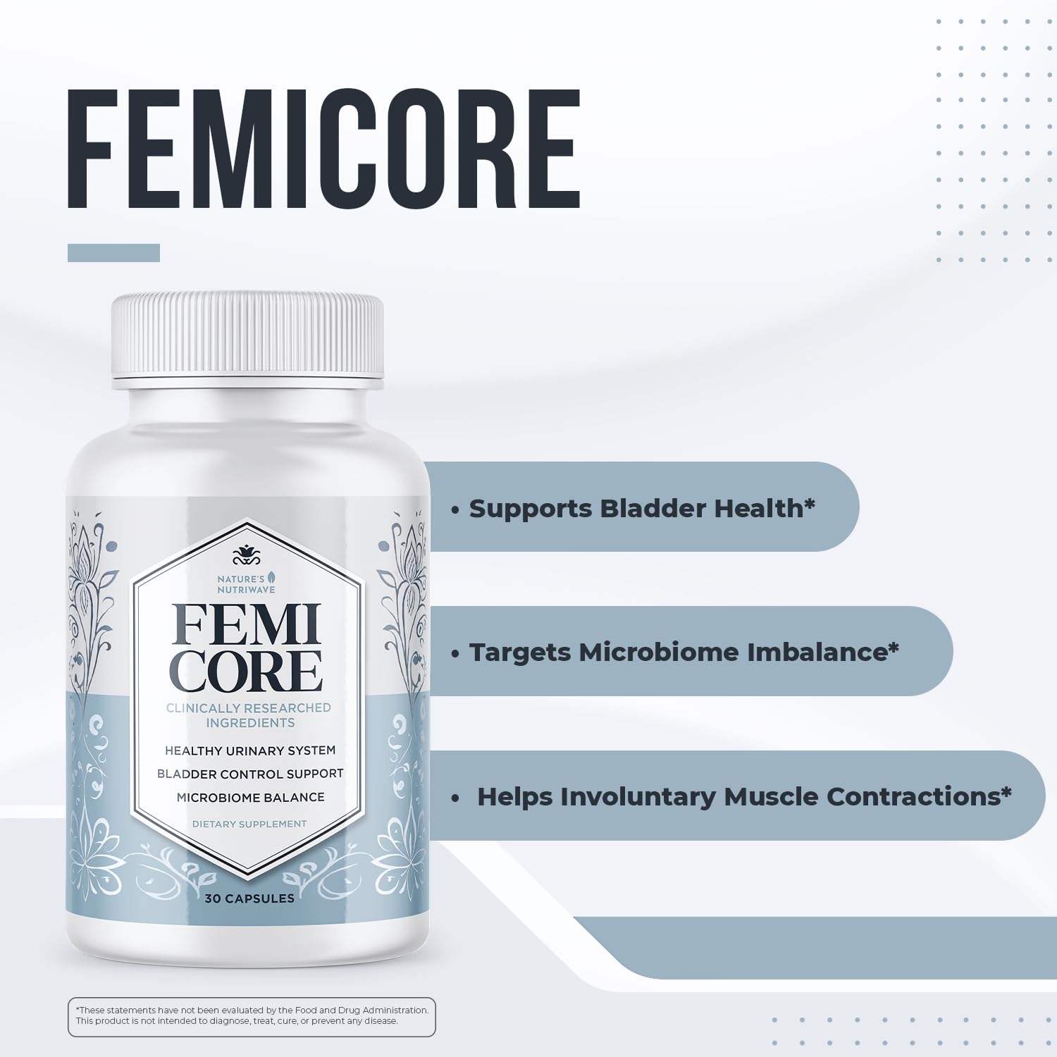Nature’s NutriWave FemiCore bottle label highlights botanical and probiotic blend for balance.