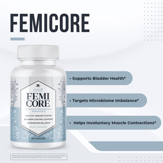 Nature’s NutriWave FemiCore bottle label highlights botanical and probiotic blend for balance.
