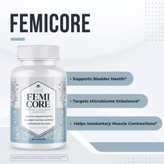 Nature’s NutriWave FemiCore bottle label highlights botanical and probiotic blend for balance.
