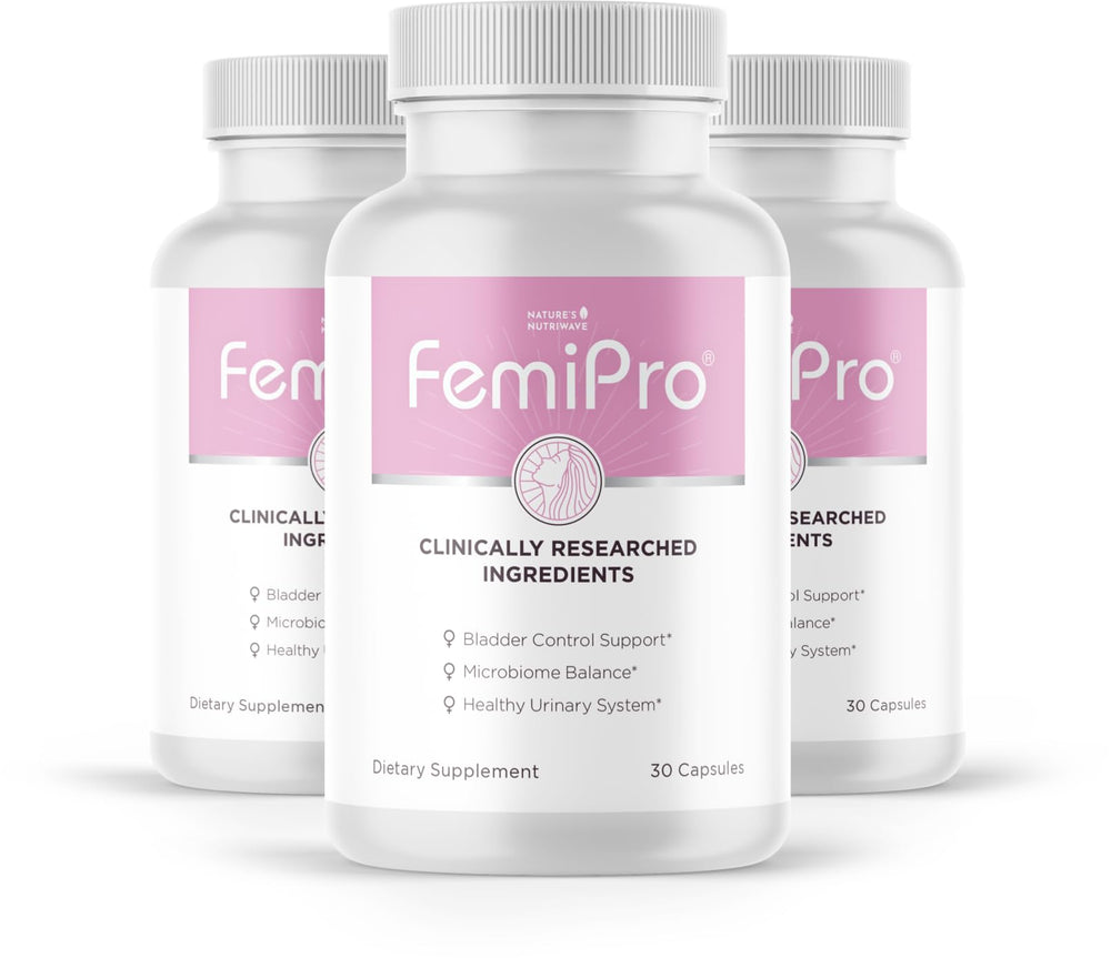 Nature’s NutriWave Femipro bottle for daily bladder support.