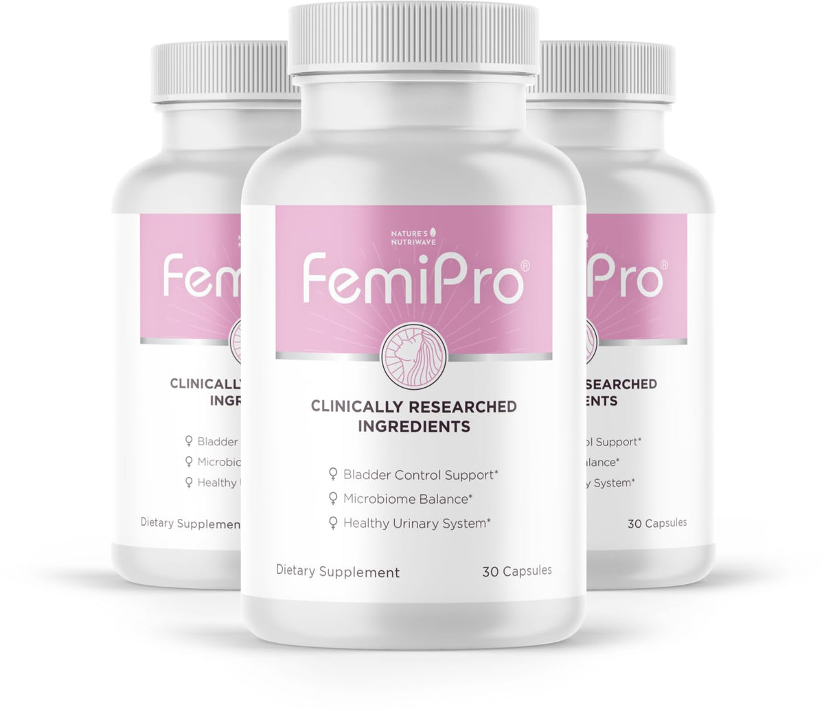 Nature’s NutriWave Femipro bottle for daily bladder support.