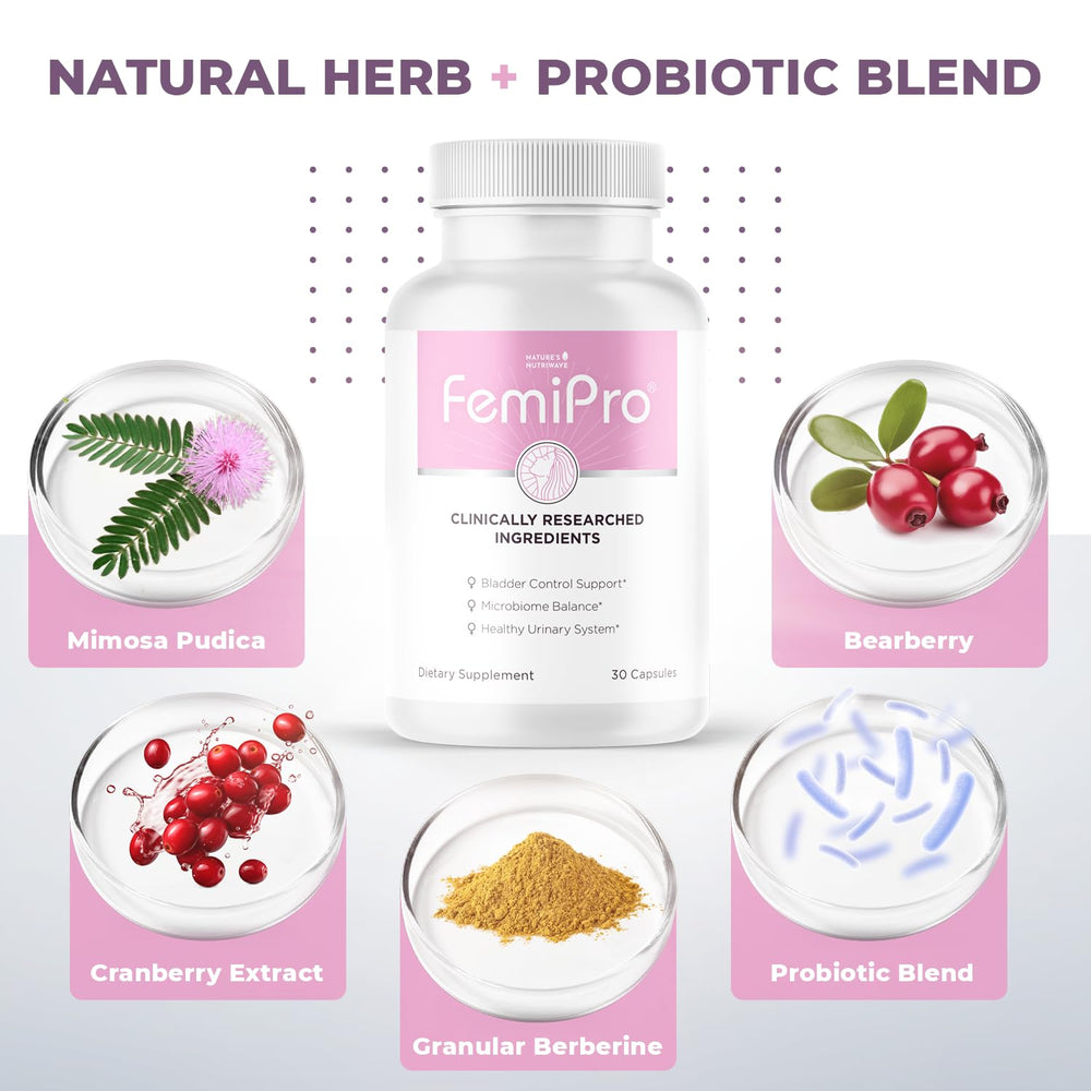 Nature’s NutriWave Femipro bottle label highlights natural ingredients.