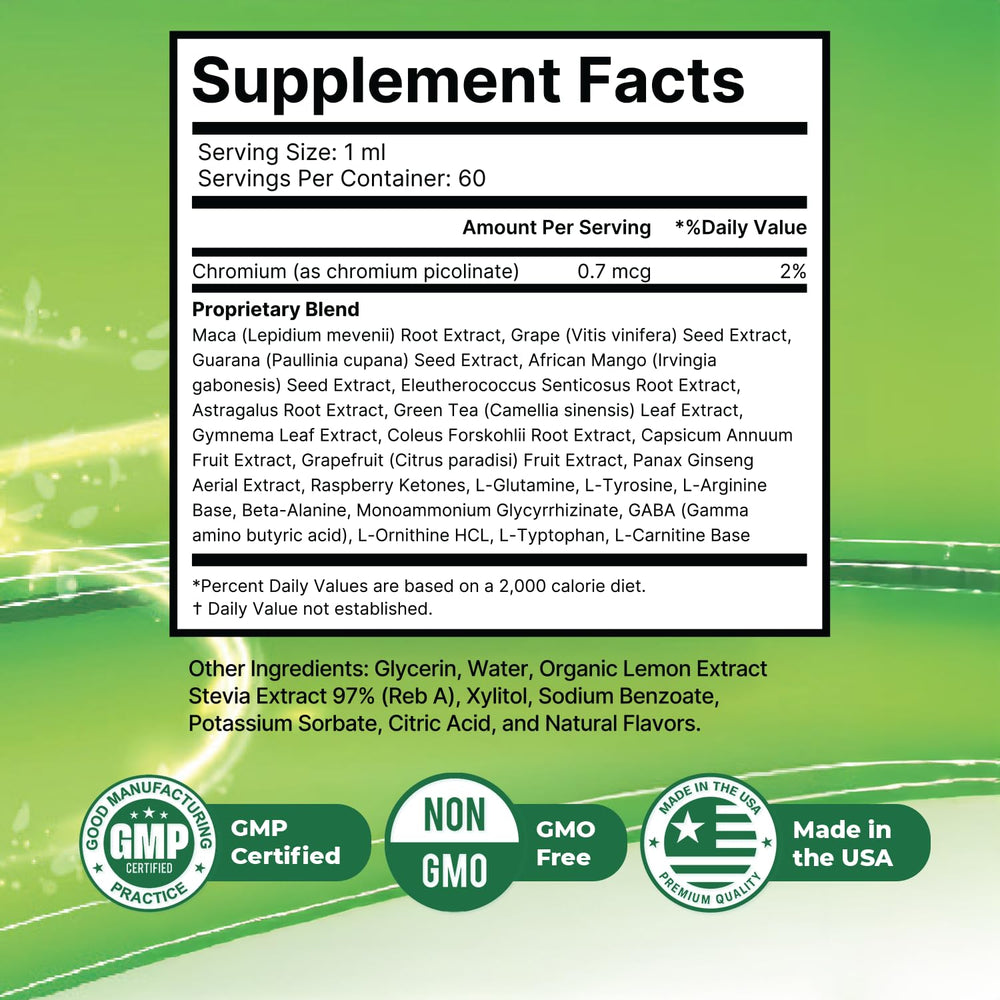 Nature’s NutriWave Flash Burn ingredients label highlighting maca green tea and ginseng.