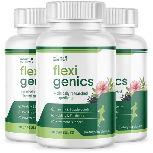 Nature’s NutriWave Flexigenics bottle close-up supports daily balance.