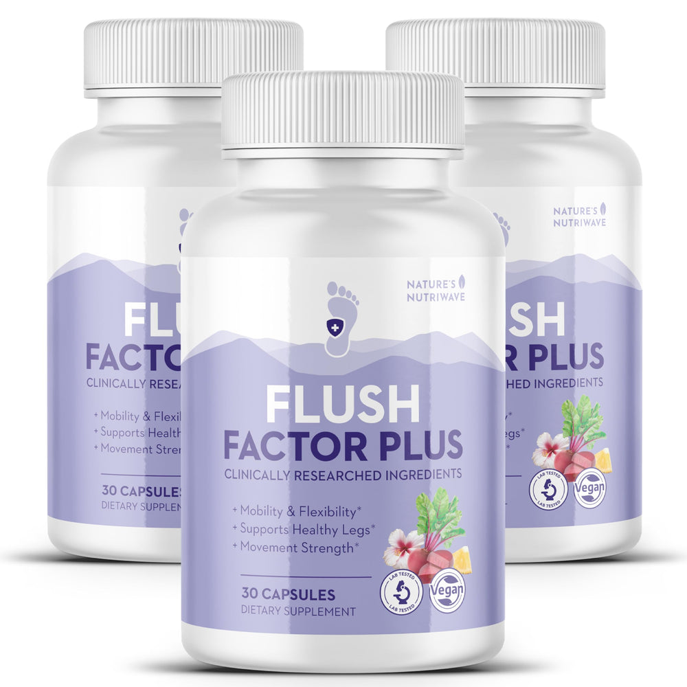 Nature's NutriWave Flush Factor Plus bottle highlighting a plant-based formula for leg comfort