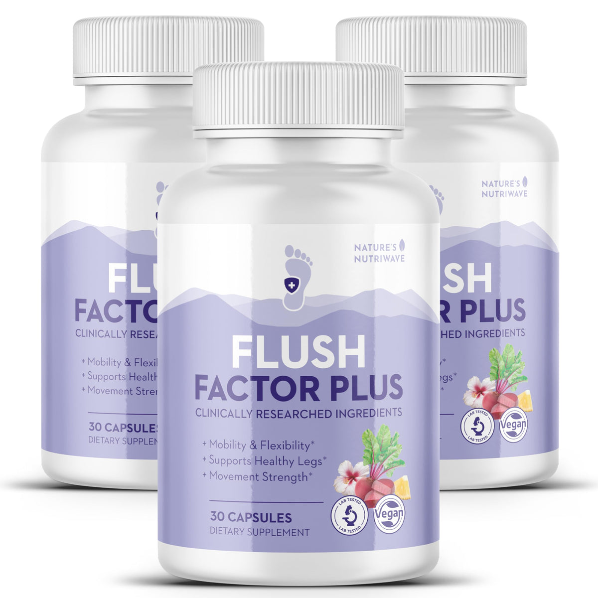 Nature's NutriWave Flush Factor Plus bottle highlighting a plant-based formula for leg comfort