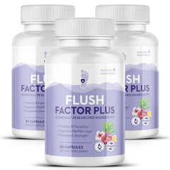 Nature's NutriWave Flush Factor Plus bottle highlighting a plant-based formula for leg comfort
