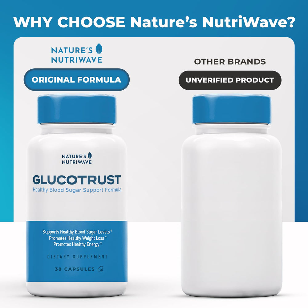 Nature's NutriWave Glucotrust label closeup emphasizing GMP quality and natural ingredients