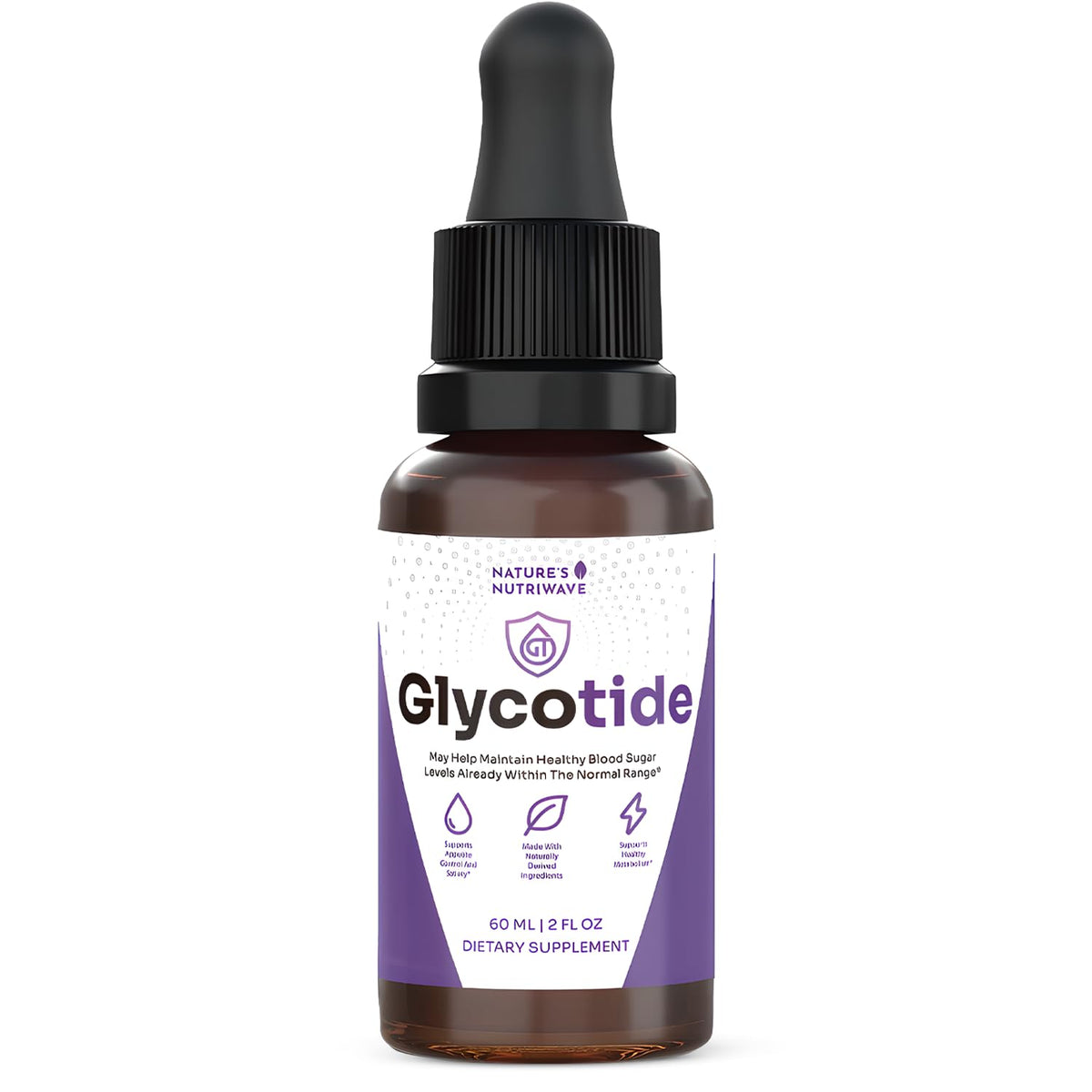 Nature’s NutriWave Glycotide bottle front for an easy, stimulant-free daily supplement.