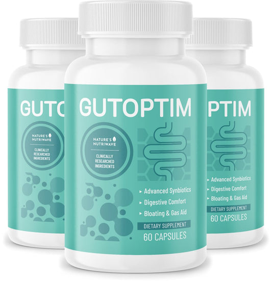 Nature's NutriWave GutOptim bottle front shows probiotic capsules for gut support.
